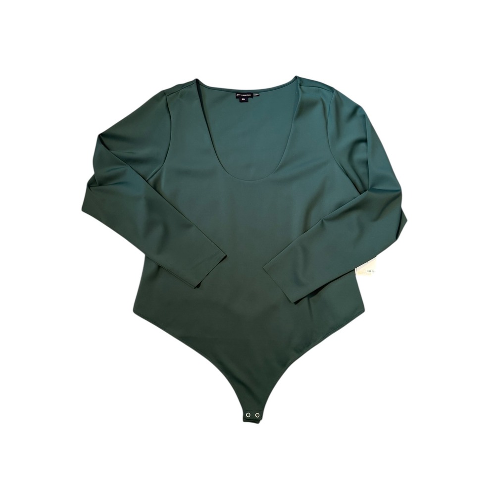 GOOD AMERICAN Deep Scoop Neck Long Sleeve Thong Bodysuit Pine Green 5XL